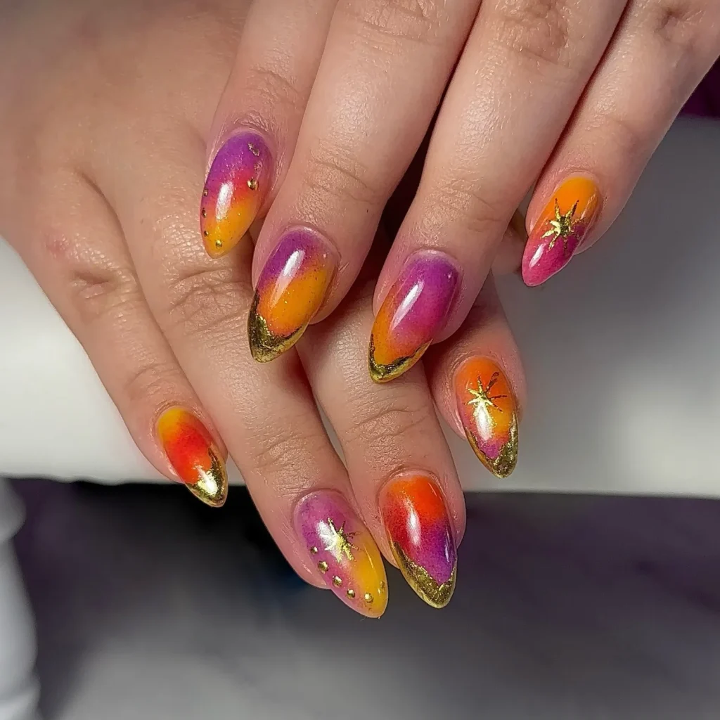 bold high-contrast sunset ombre almond nails
