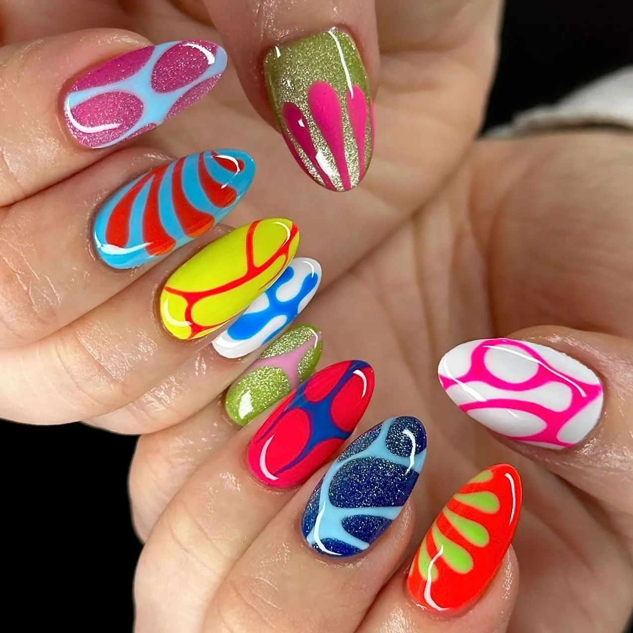 Colorful Retro Swirl Almond Nails