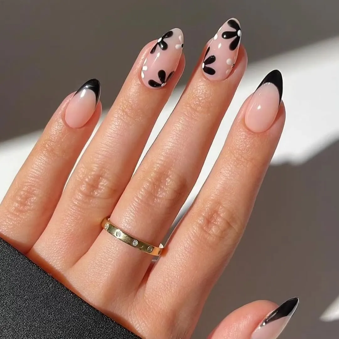 Black French Tip Almond with Abstract Dots Nails