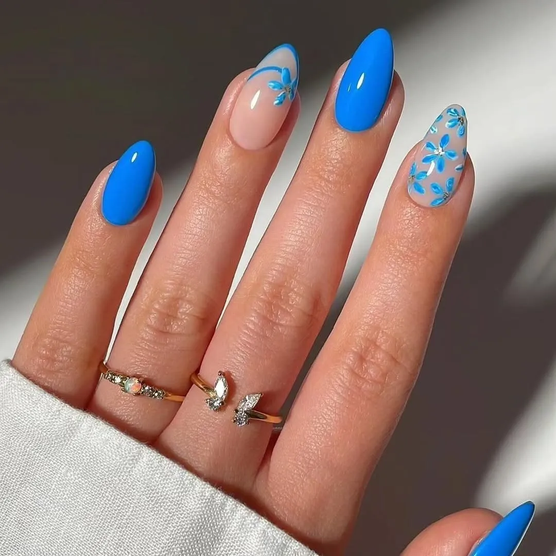 Electric Blue Almond with Glitter Accent Nails