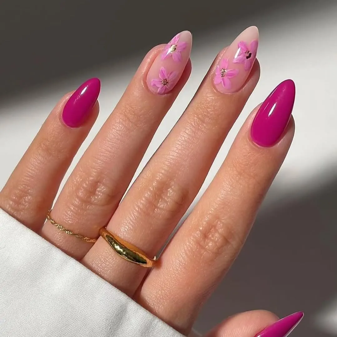 Hot Pink Glossy Almond Nails