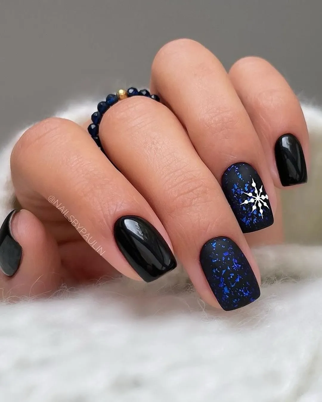 Black and Navy Short Square with Snowflake Nails