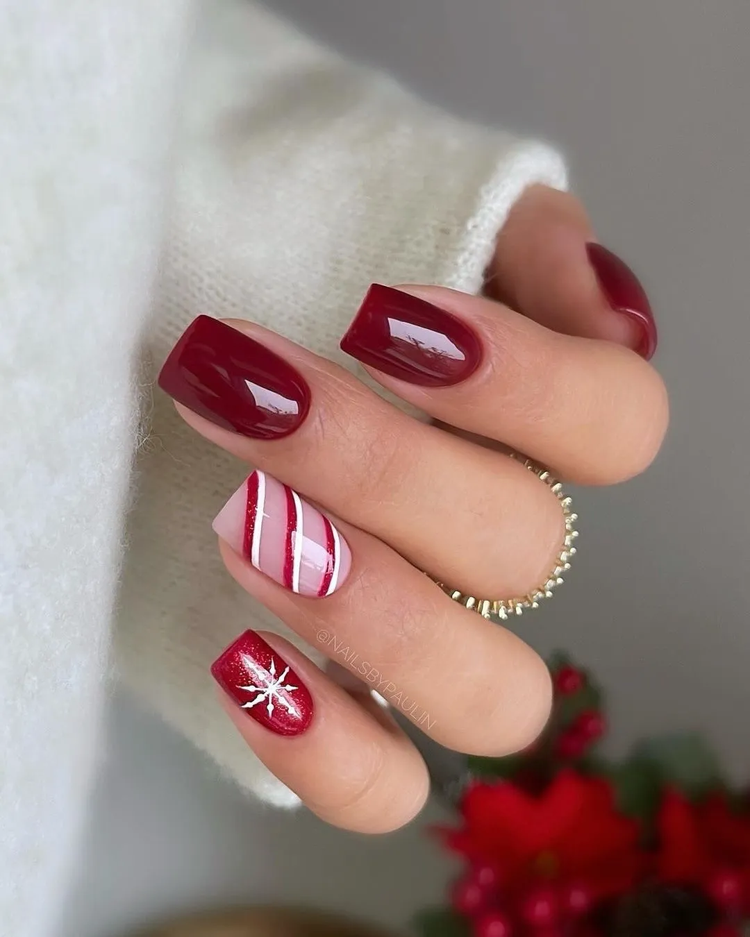 Burgundy Short Square with Candy Stripe Accent Nails