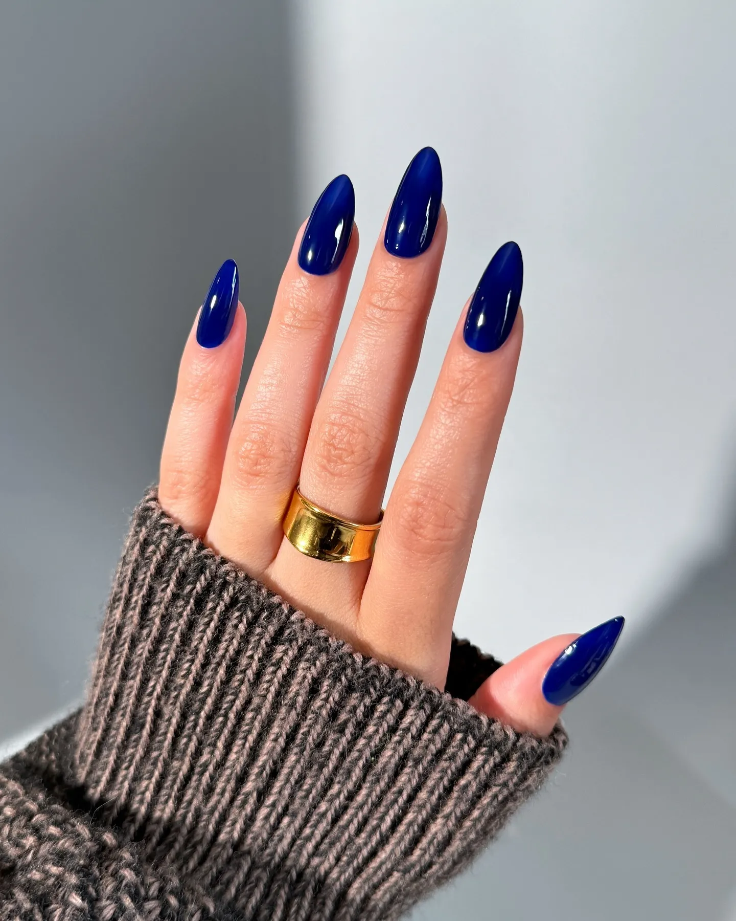Navy Blue Glossy Almond Nails