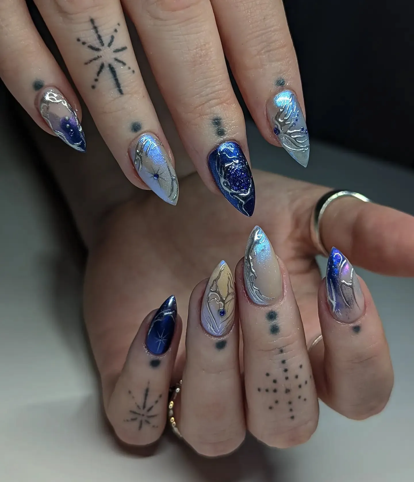 Blue Glitter Stiletto with Gems Nails
