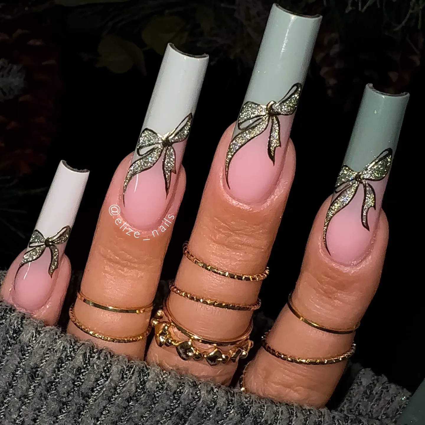 White French Long Square with Silver Bows Nails