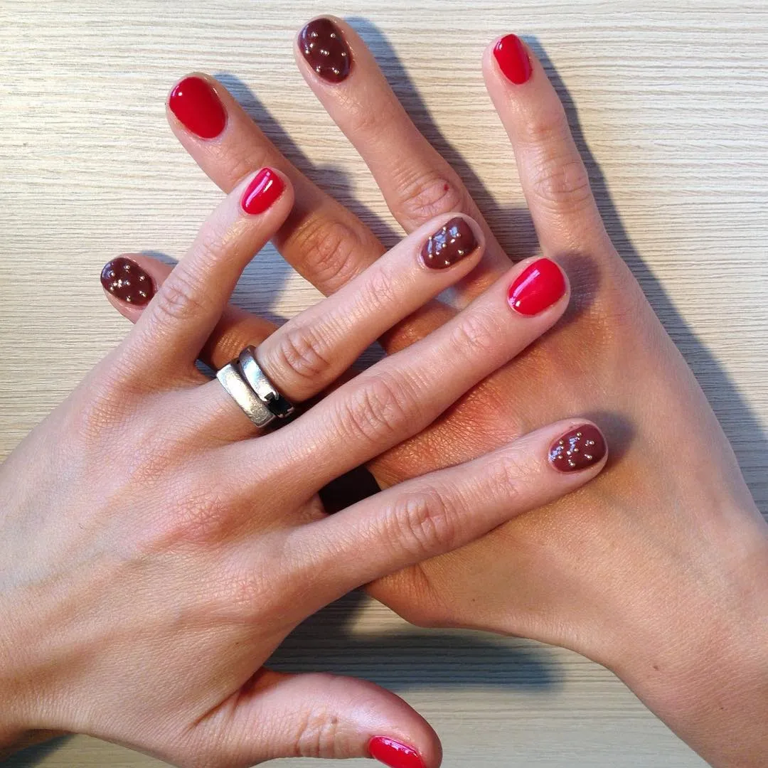 Burgundy and Red Mixed Short Almond Nails