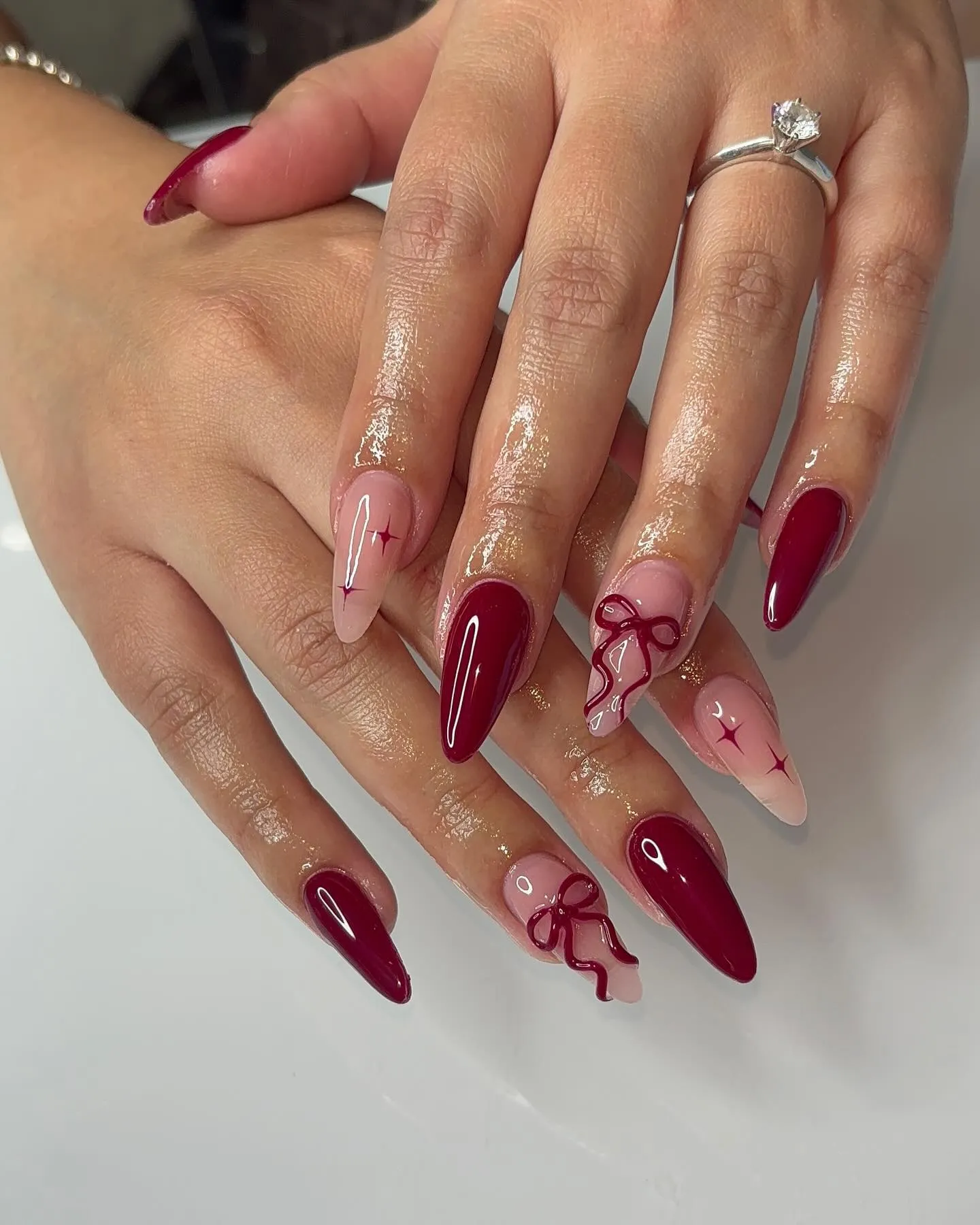 Burgundy Almond with Ribbon Bow Art Nails