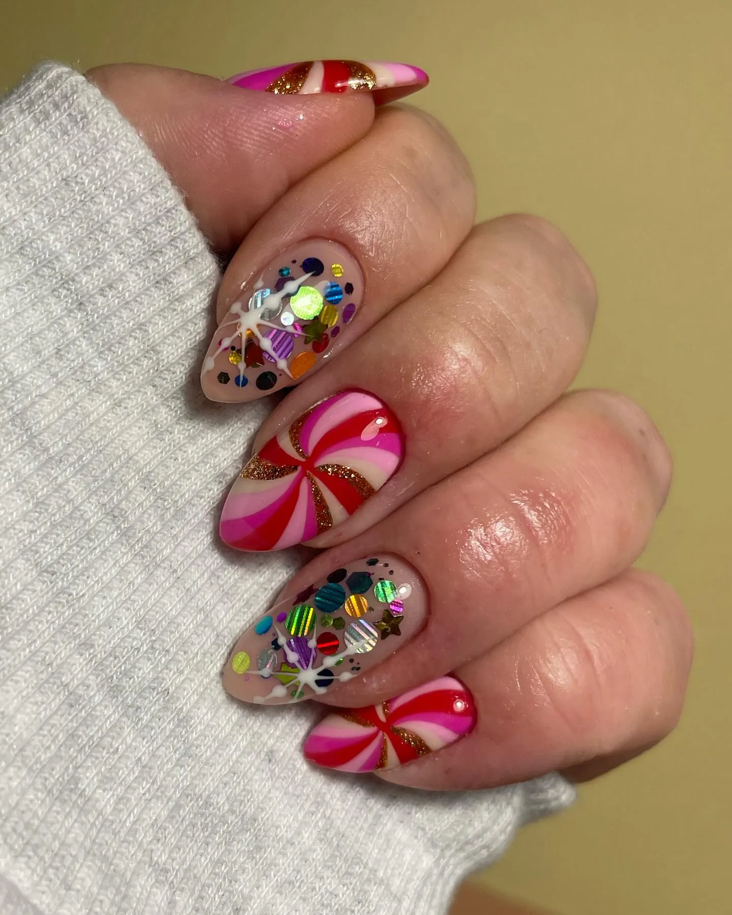 Pink Bow and Confetti Glitter Almond Nails