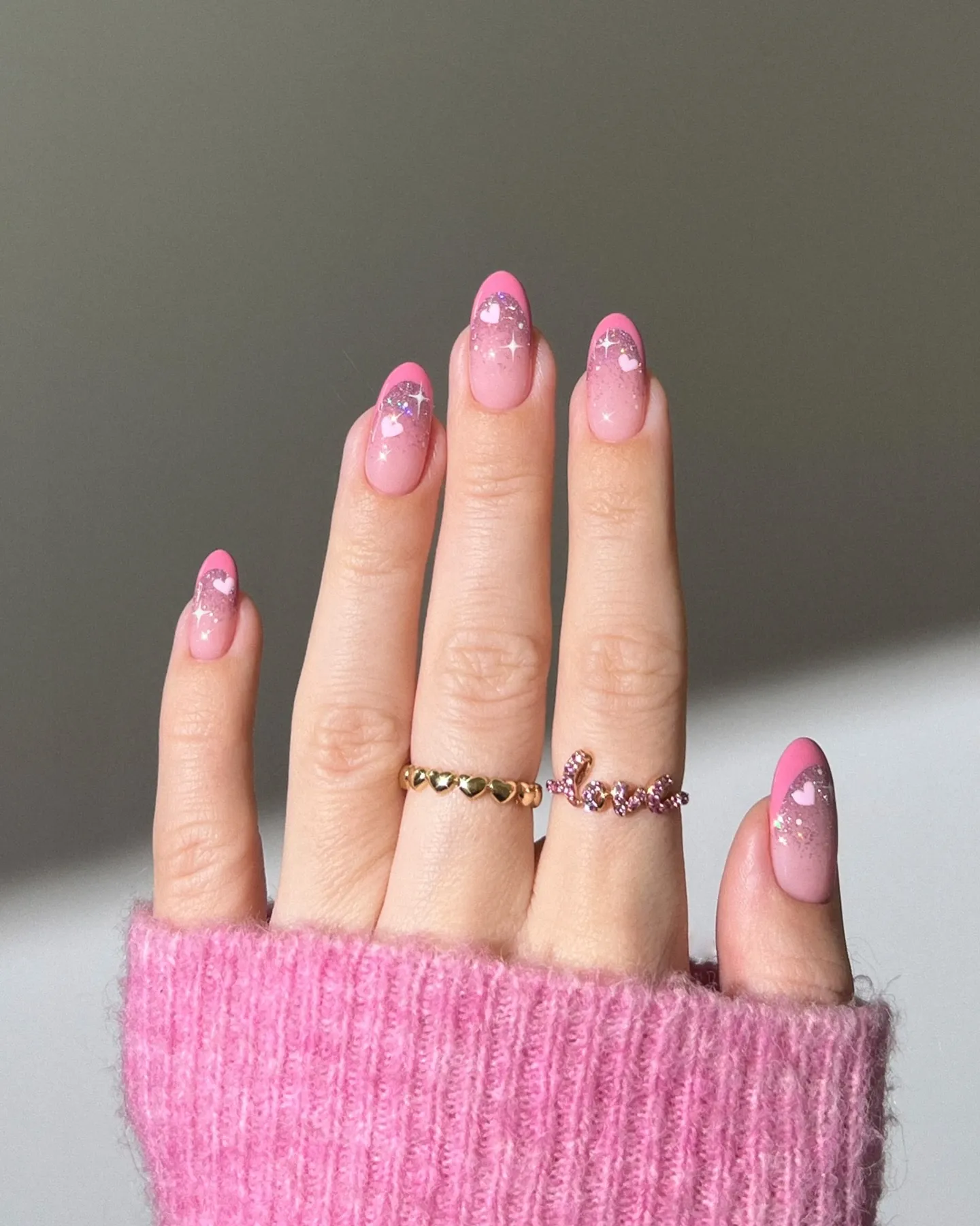 Pink Ombre Almond with Rhinestone Tips Nails