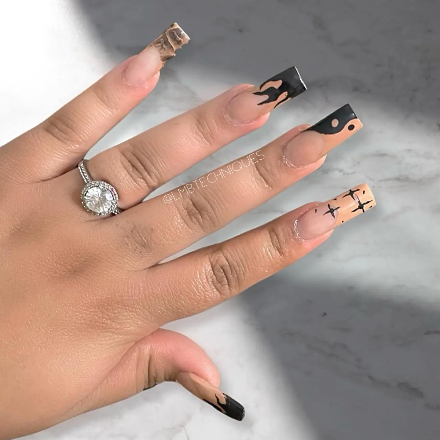 Black French Tip Coffin with Gold Glitter Nails
