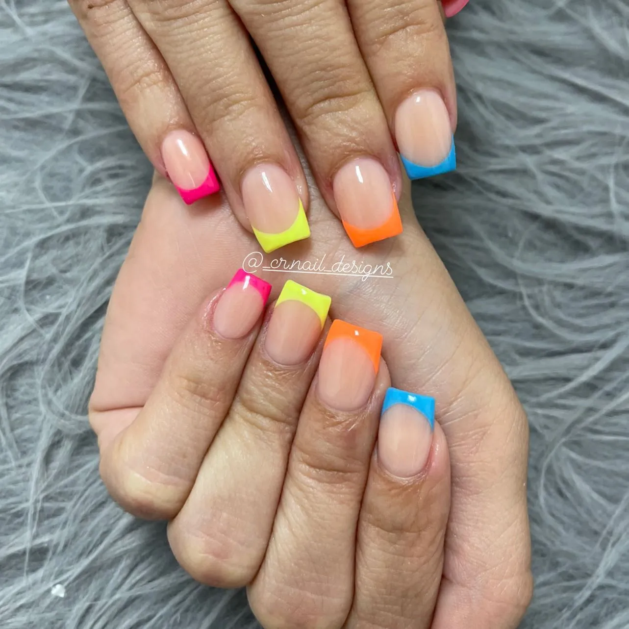 Neon French Tip Coffin Nails 