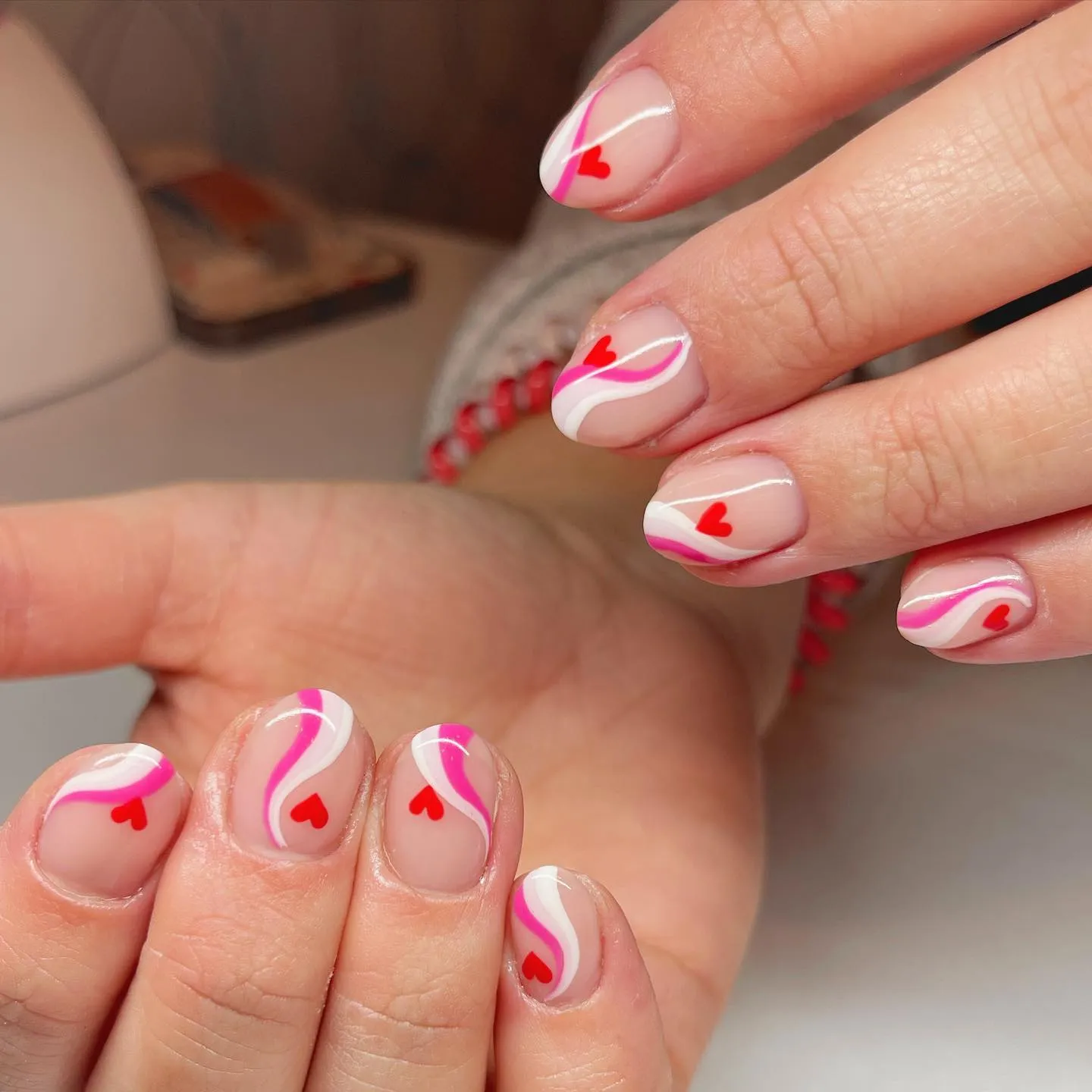 Pink and White Swirl Short Almond Nails