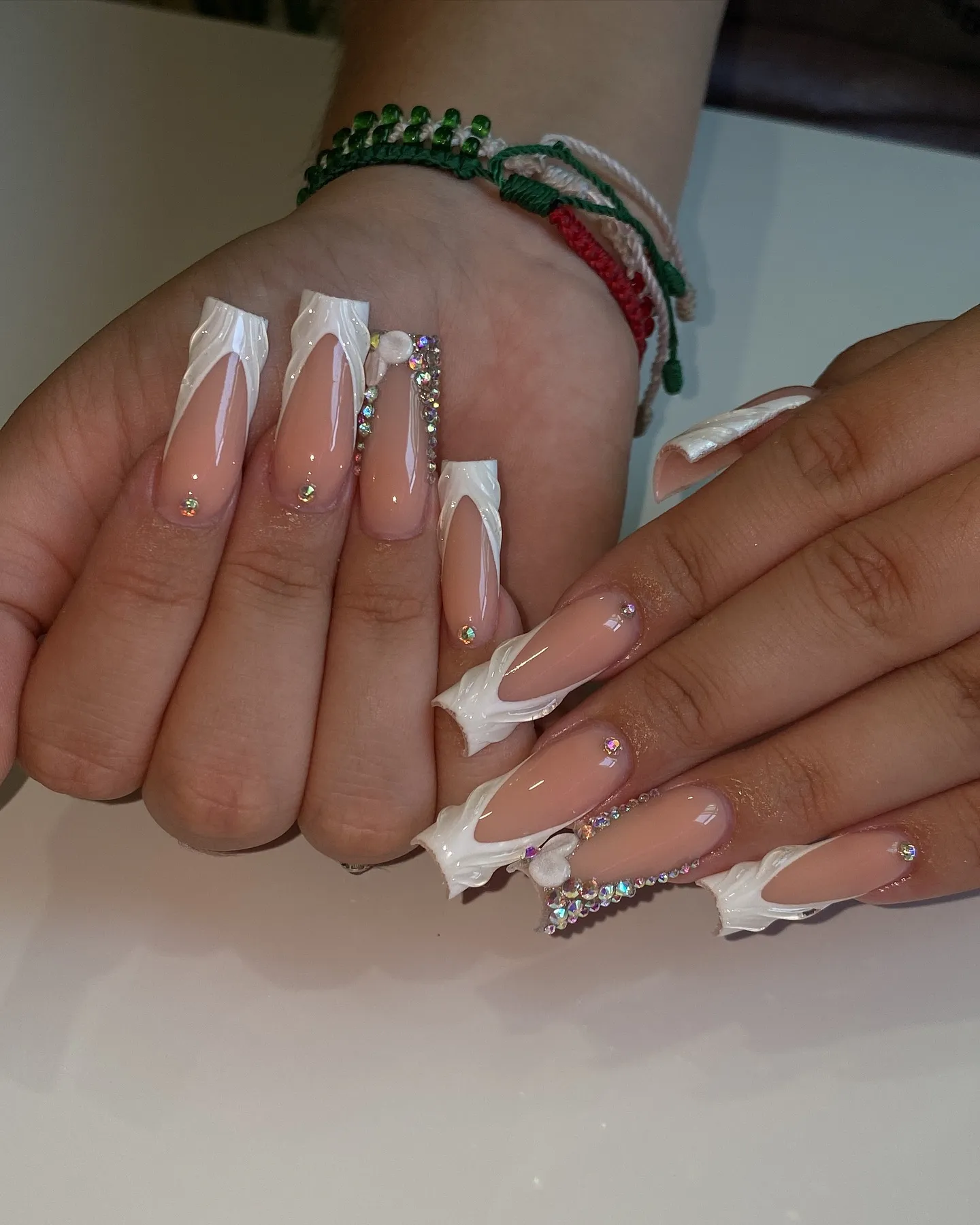 French Tip Coffin Nails With Rhinestone Accents