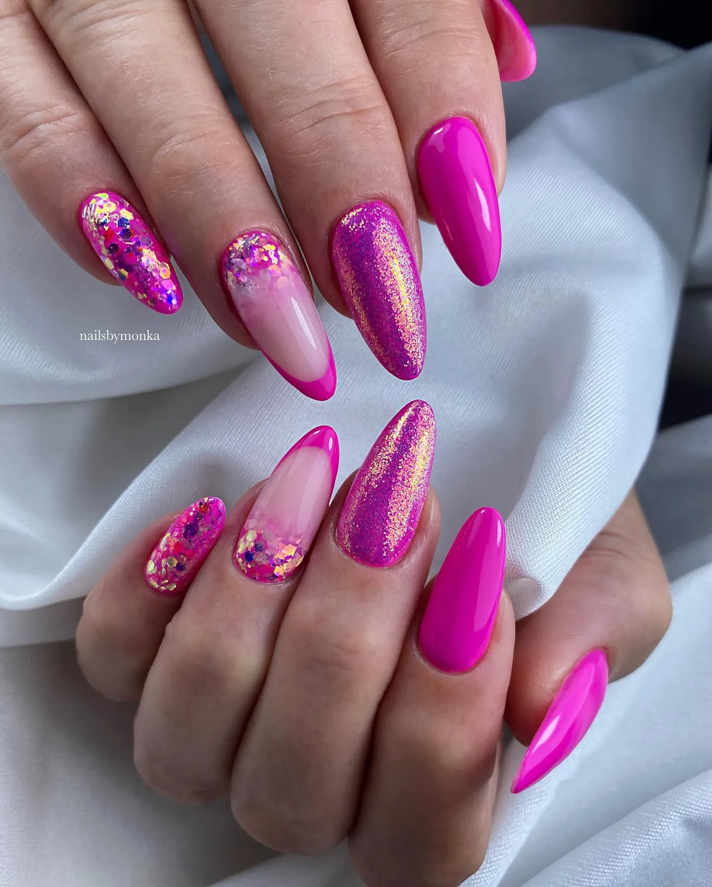 Hot Pink Glitter Almond Nails
