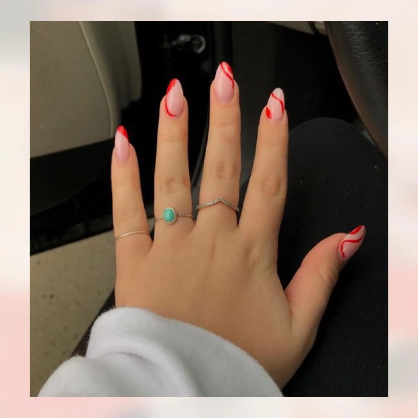 Red Line Art French Tip Almond Nails
