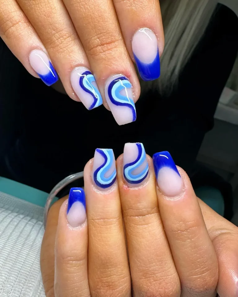Blue French Tip Nails With Strips Blue French Tip Nails With Strips