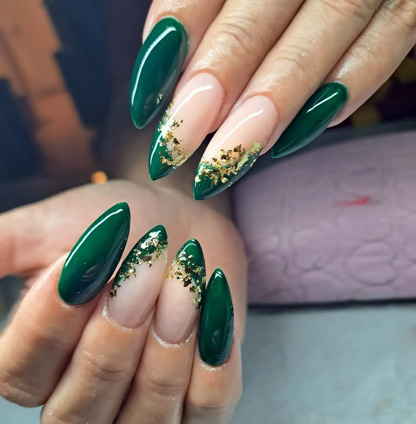 Green French Tip Nails With Gold Accent