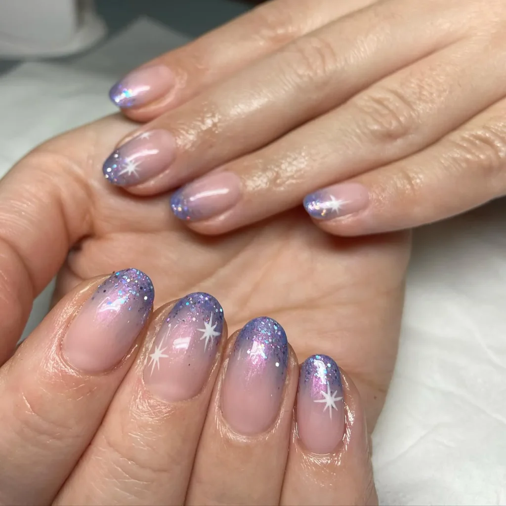 starry night purple almond nails with hand-painted stars