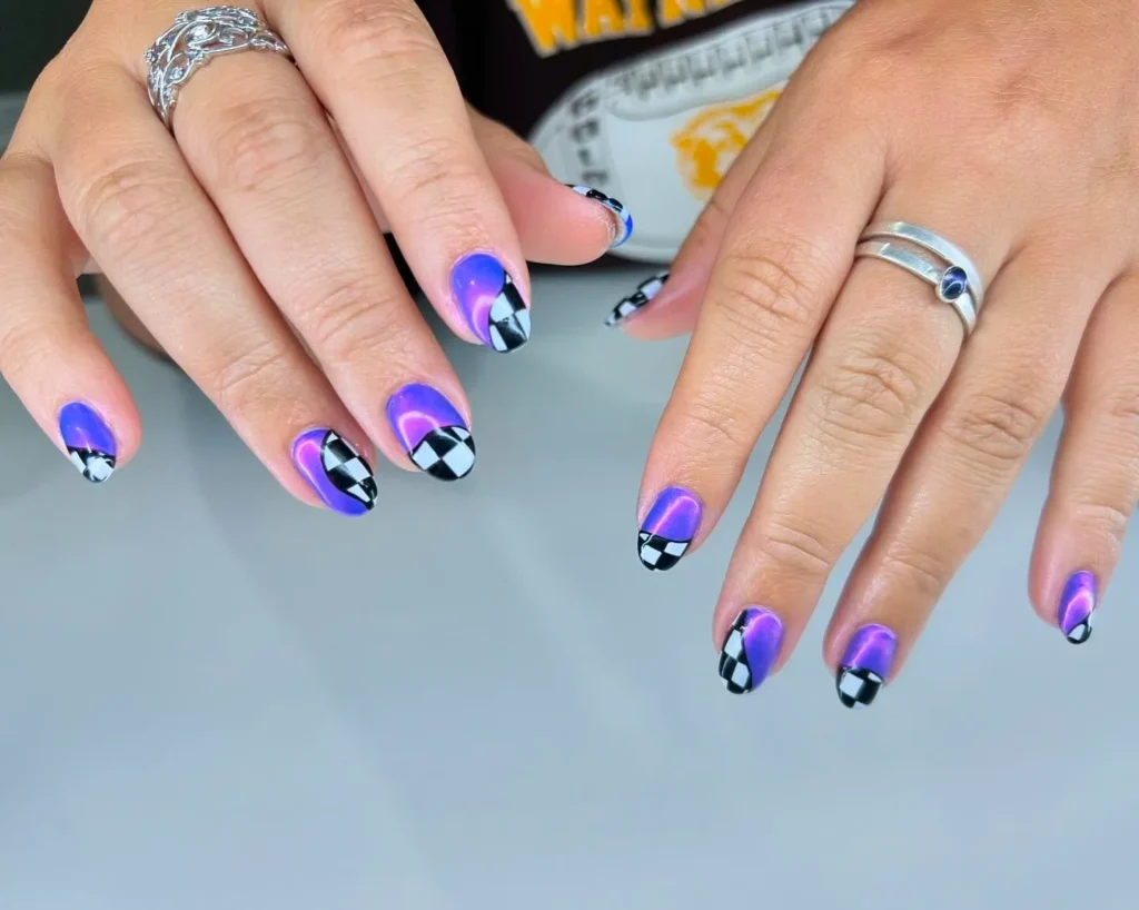 checkerboard purple almond nails in two shades