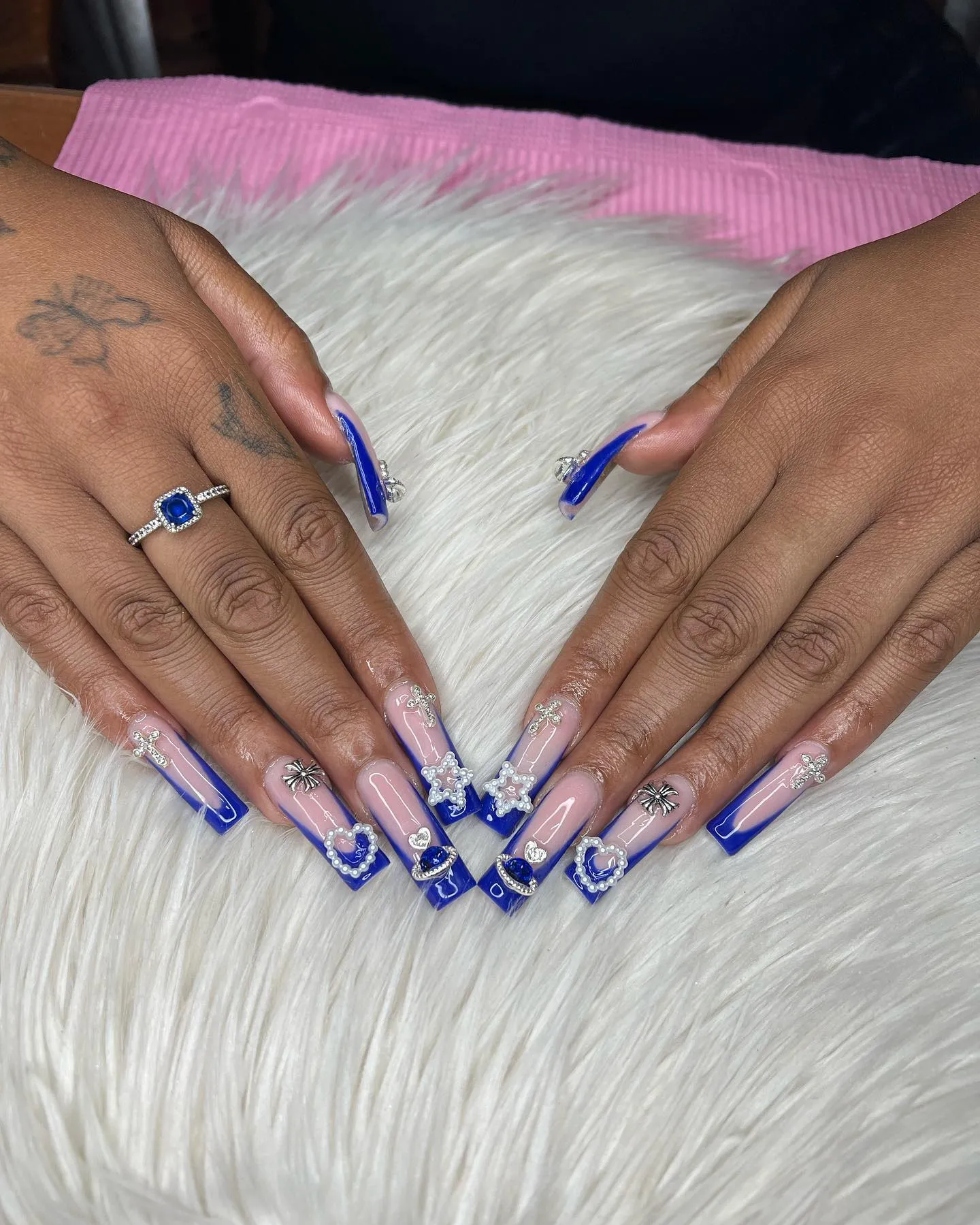 Rhinestone Blue French Tip Nails