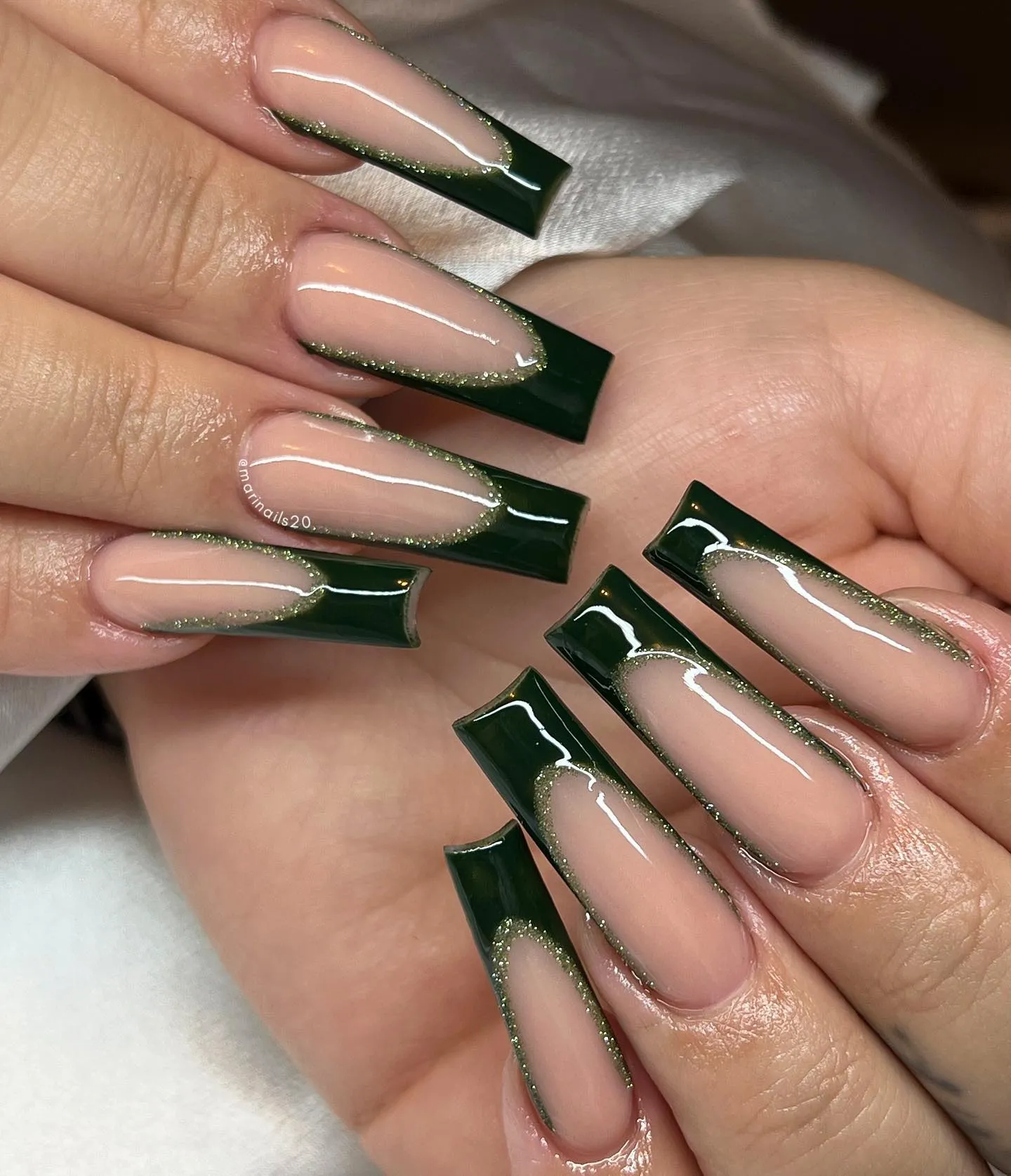 Green Nails With Reverse French Designs