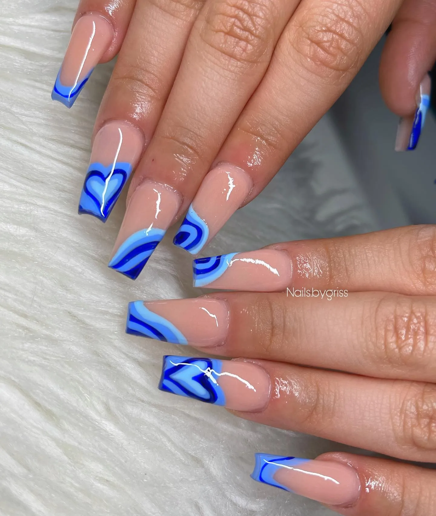 Heart-shaped Blue French Tip Nails