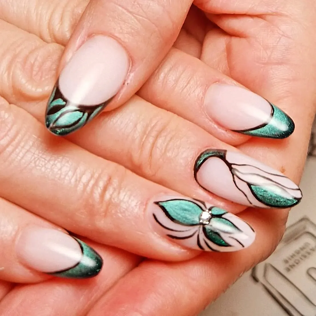 Green French Tips with Leaf Designs