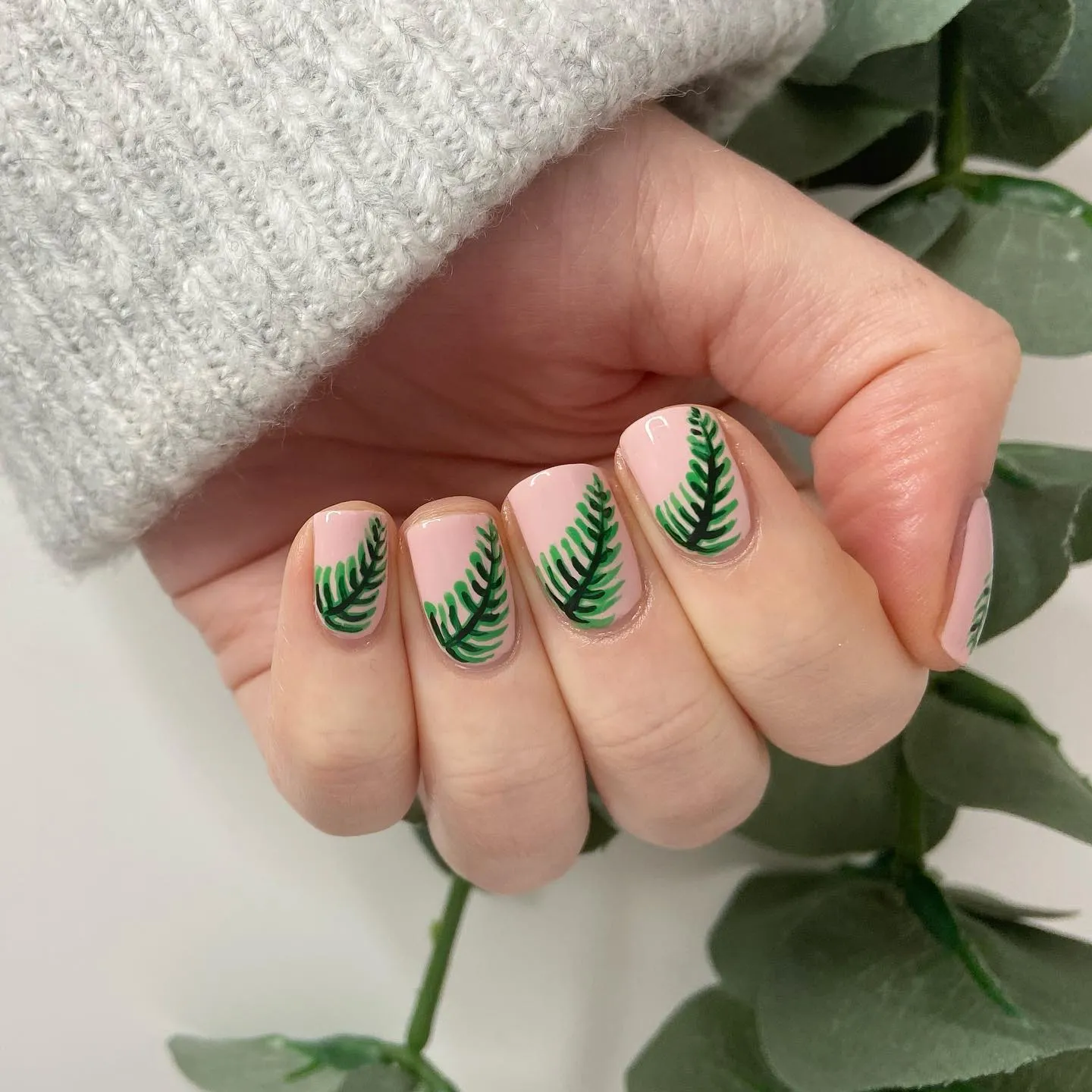 Green French Tips with Leaf Designs