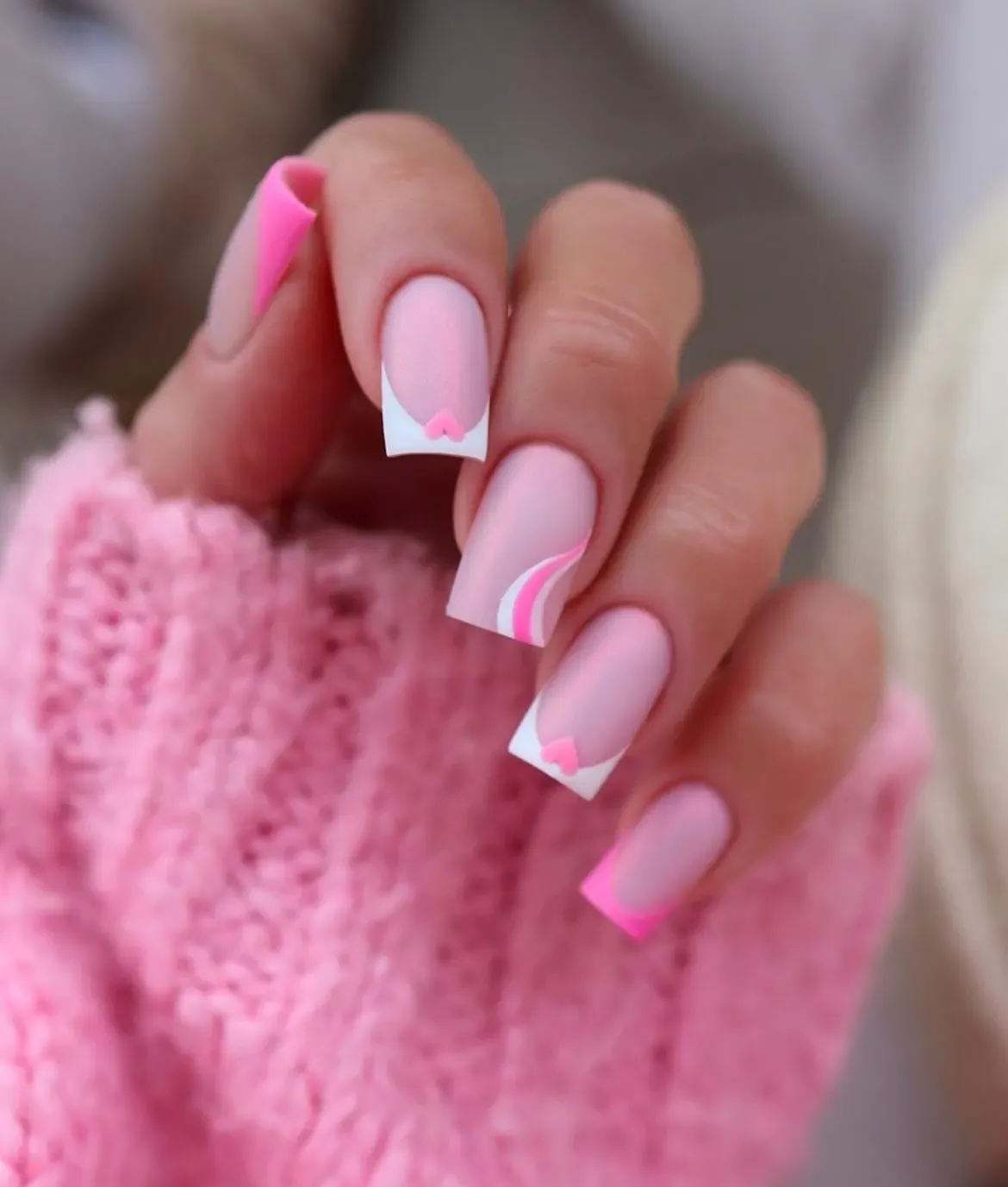 Pink French Tip Coffin with Line Art Nails