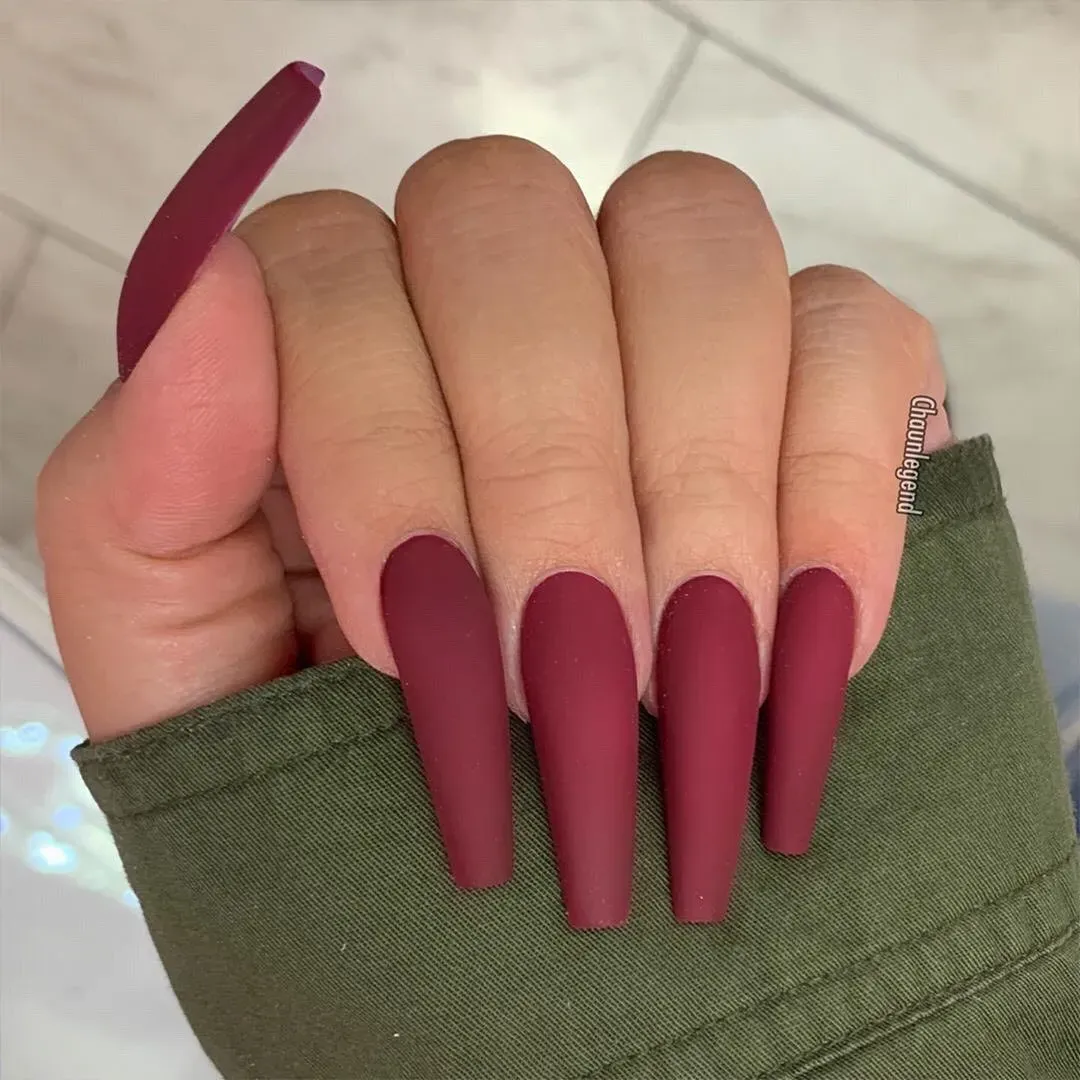 Matte Burgundy Long Coffin Nails