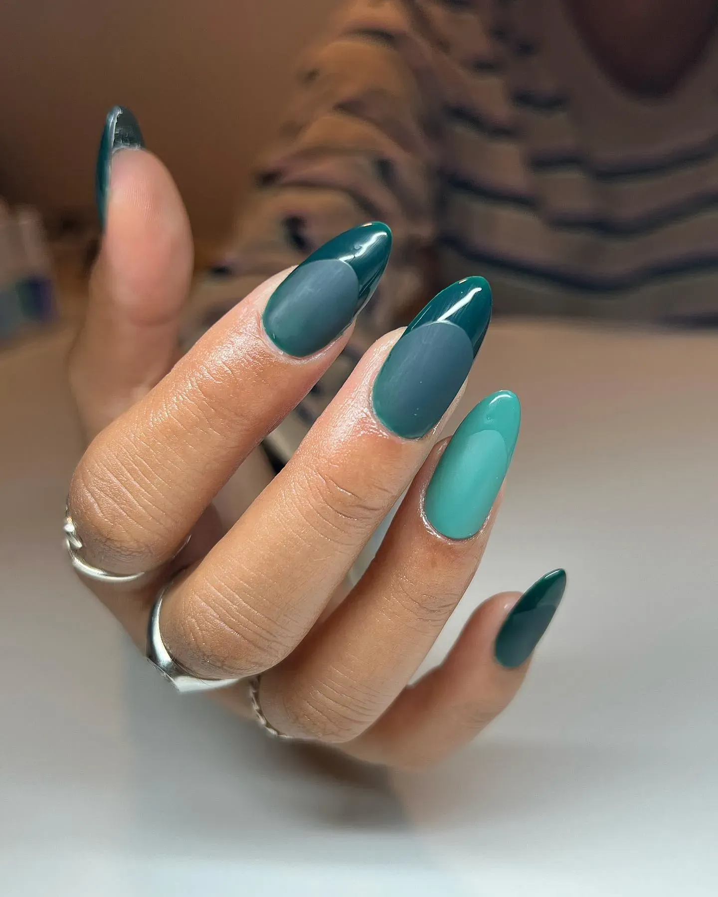Teal Mix Almond Nails