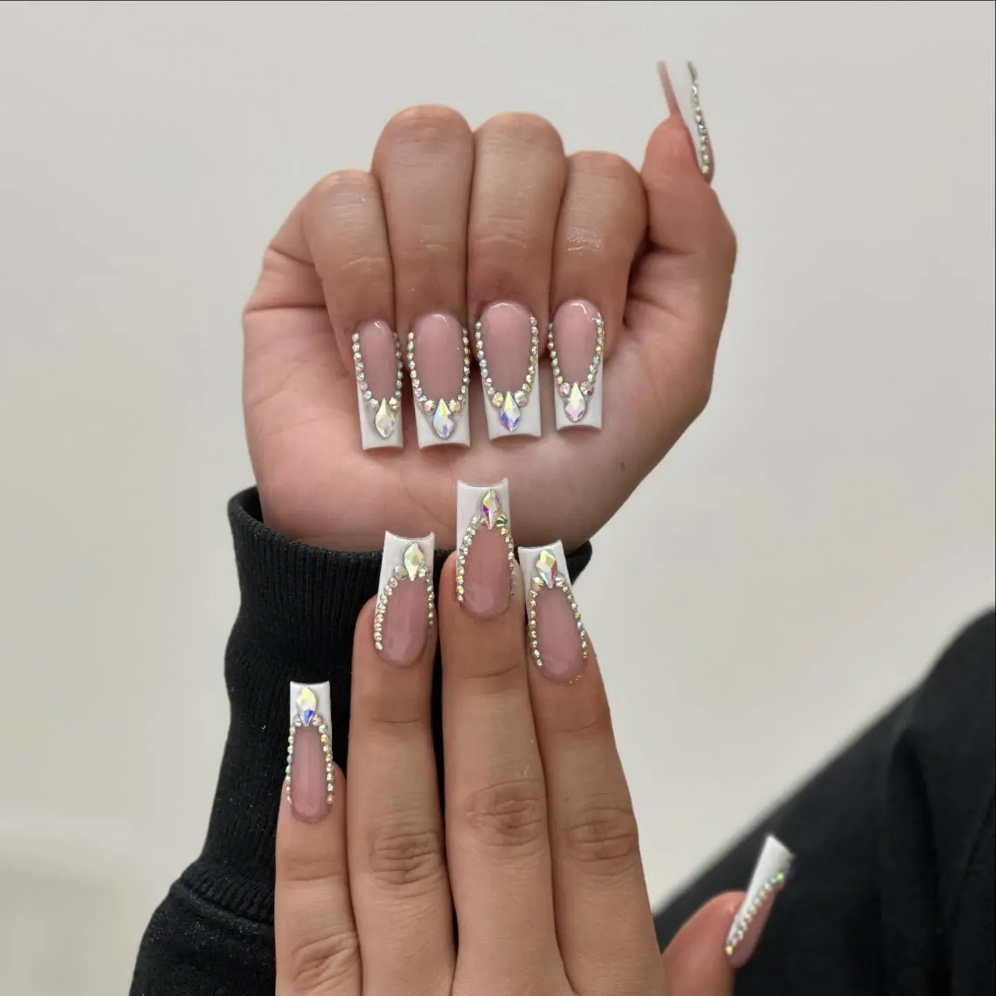 Clear French Tip Coffin with Gems Nails