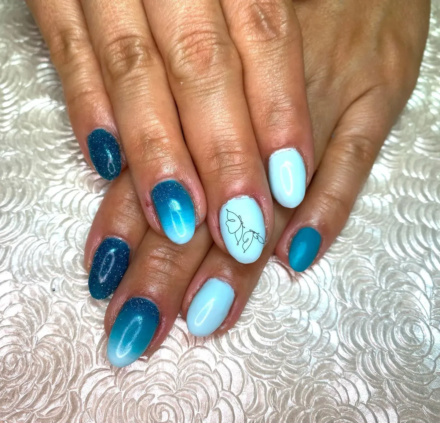 Blue Glitter Short Round with Dots Nails