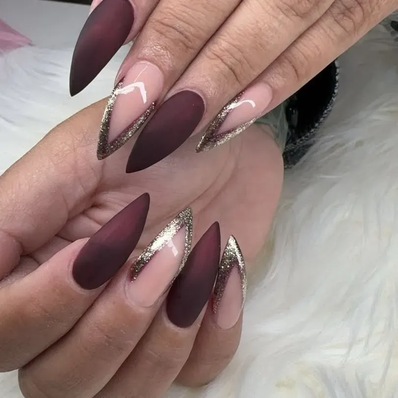 Matte Burgundy Stiletto with Gold Foil Nails