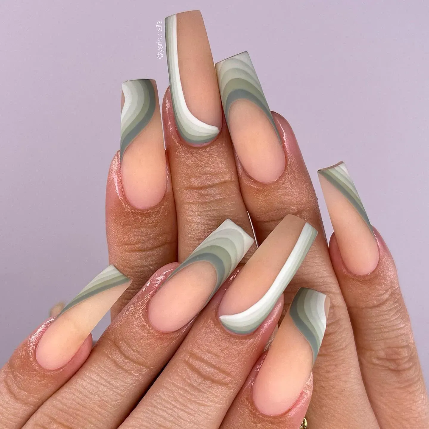 Sage Green Swirl French Coffin Nails