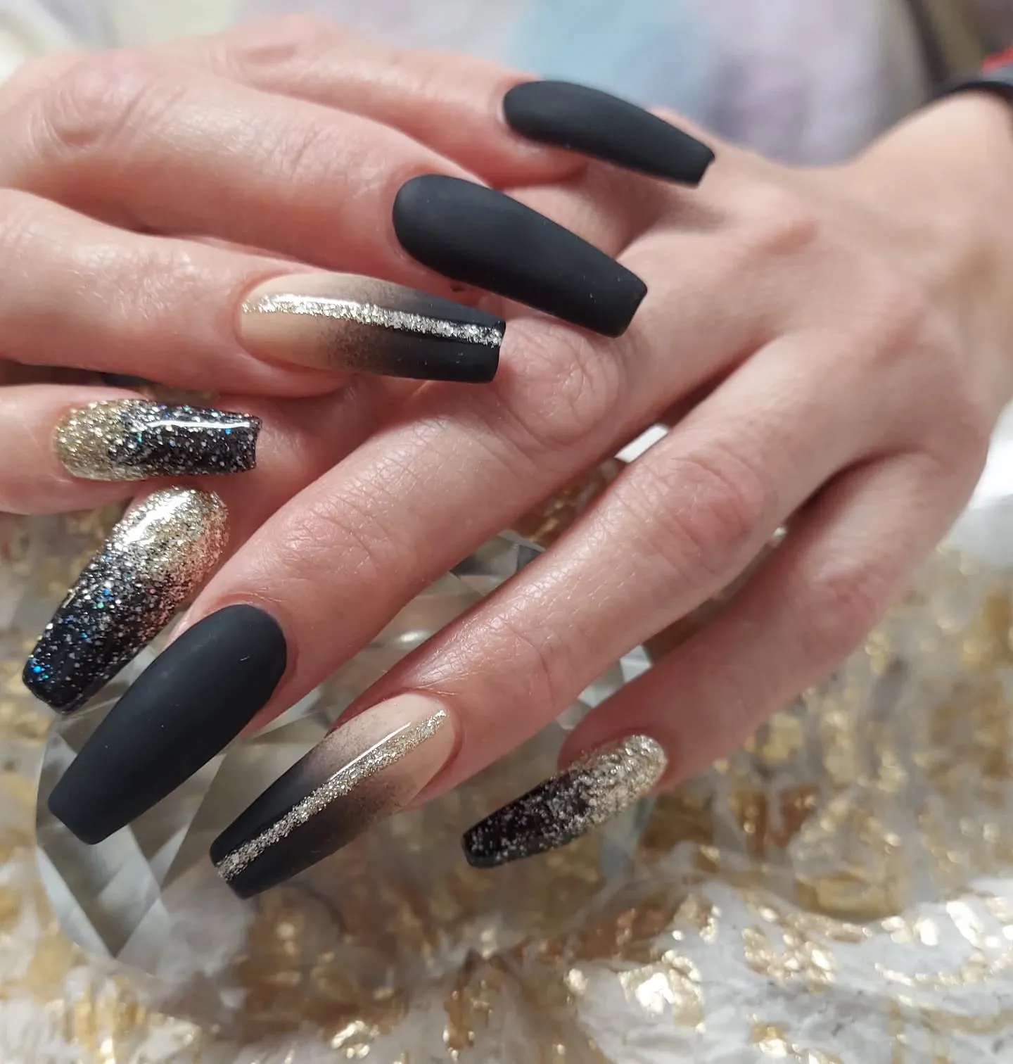 Black Coffin with Gold Glitter Accents Nails