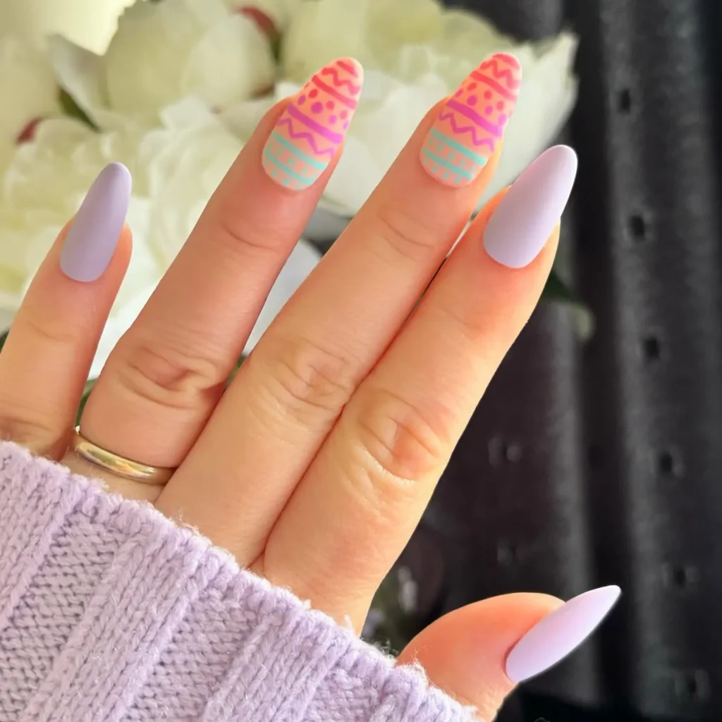 lilac checkered nail art on almond acrylic nails