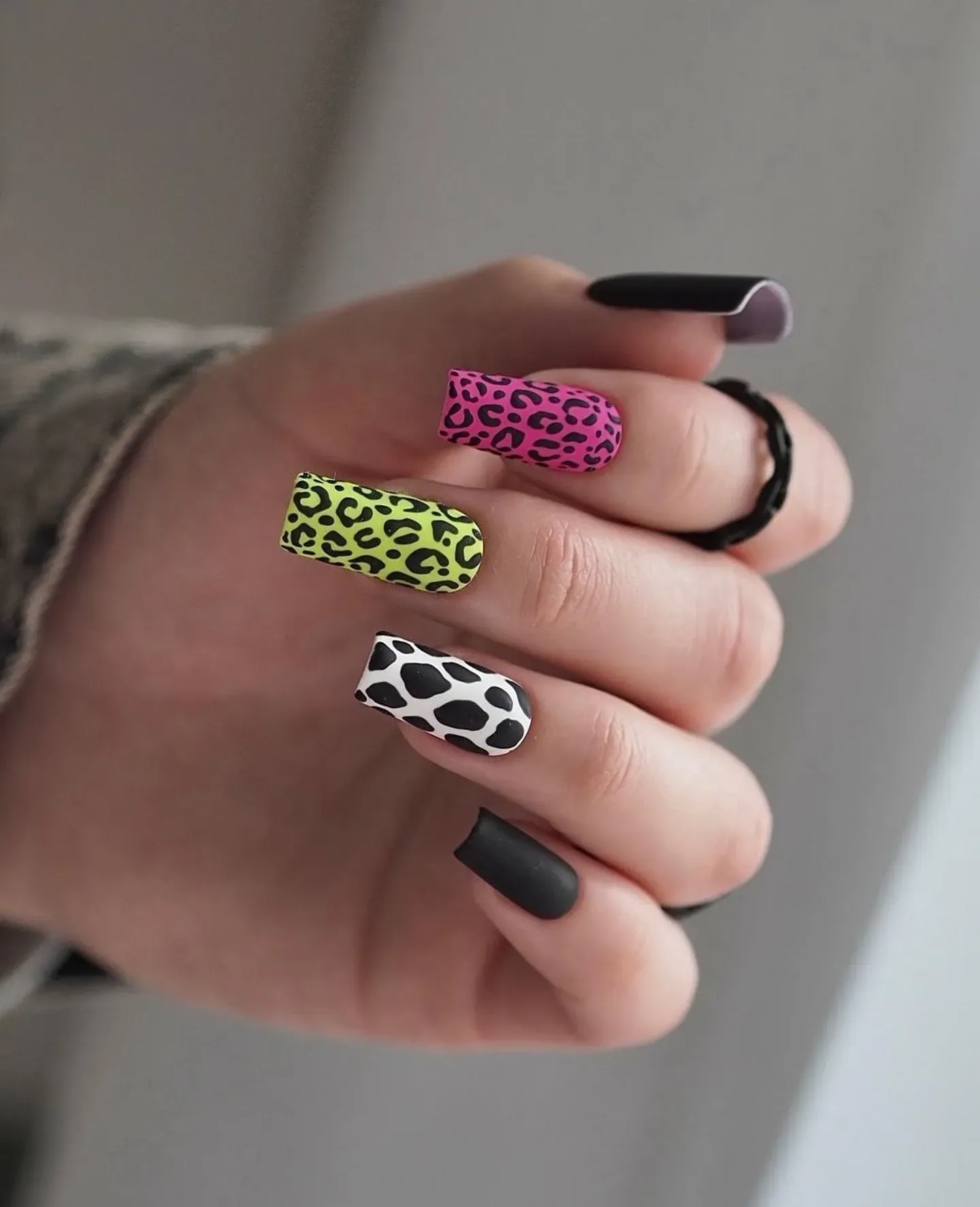 Black Pink and Green Animal Print Short Nails
