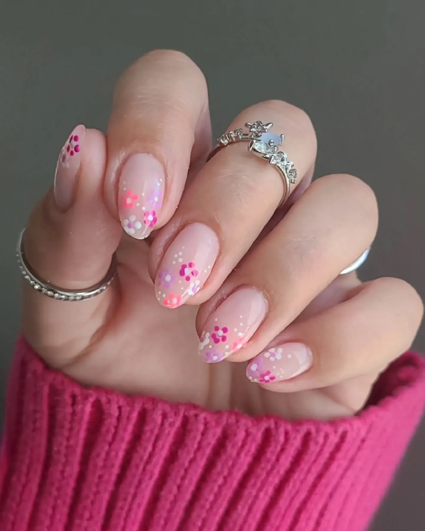 Nude Short Almond with Pink Floral Accents Nails