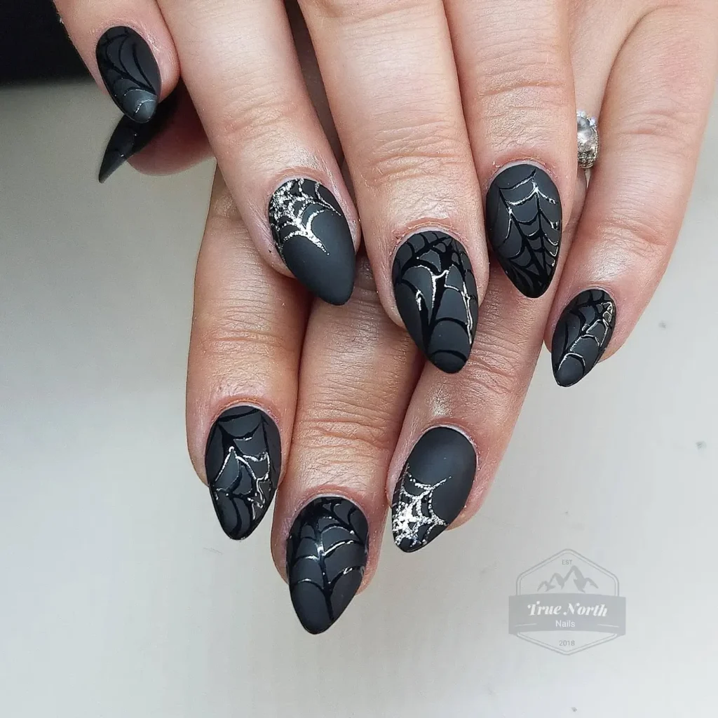 matte black spiderweb long almond nails for Halloween
