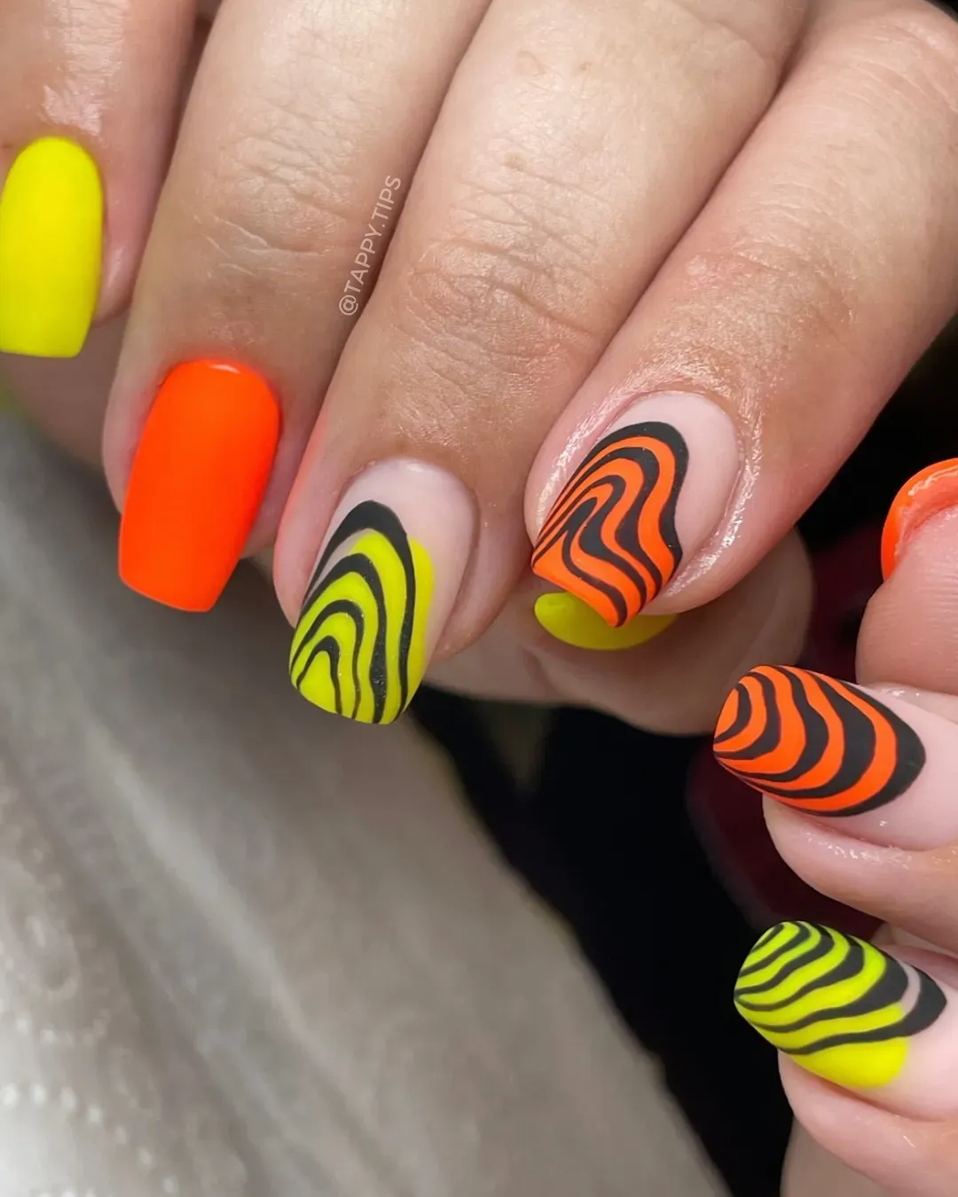 Orange and Green Wavy Swirl Short Square Nails