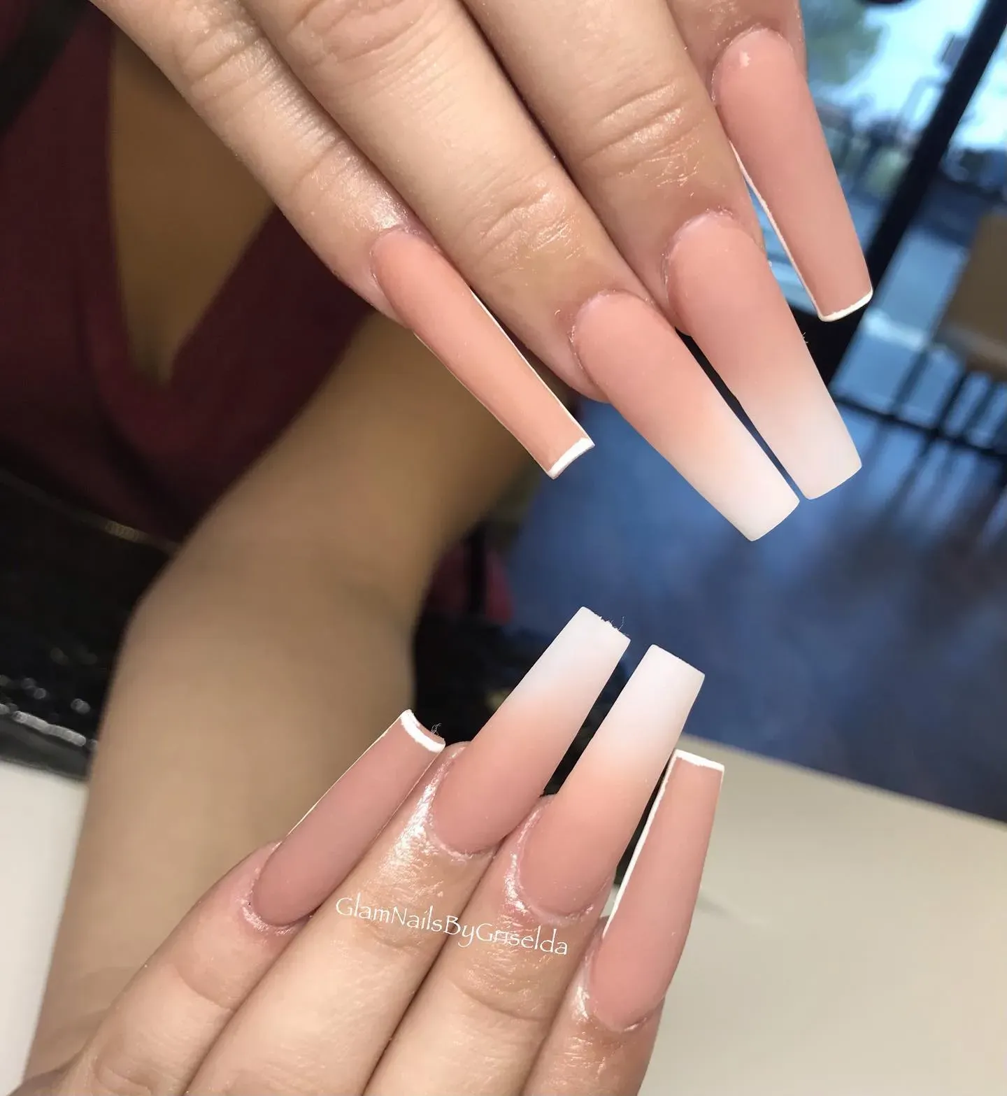 Nude to White Ombre Long Coffin Nails