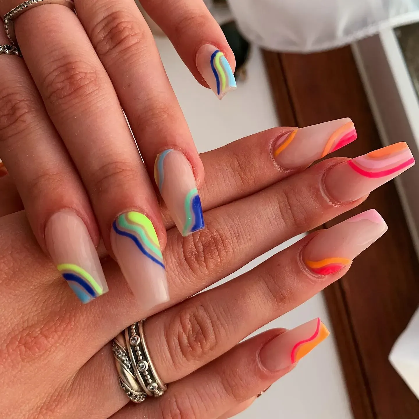Colorful Swirl Line Art Almond Nails