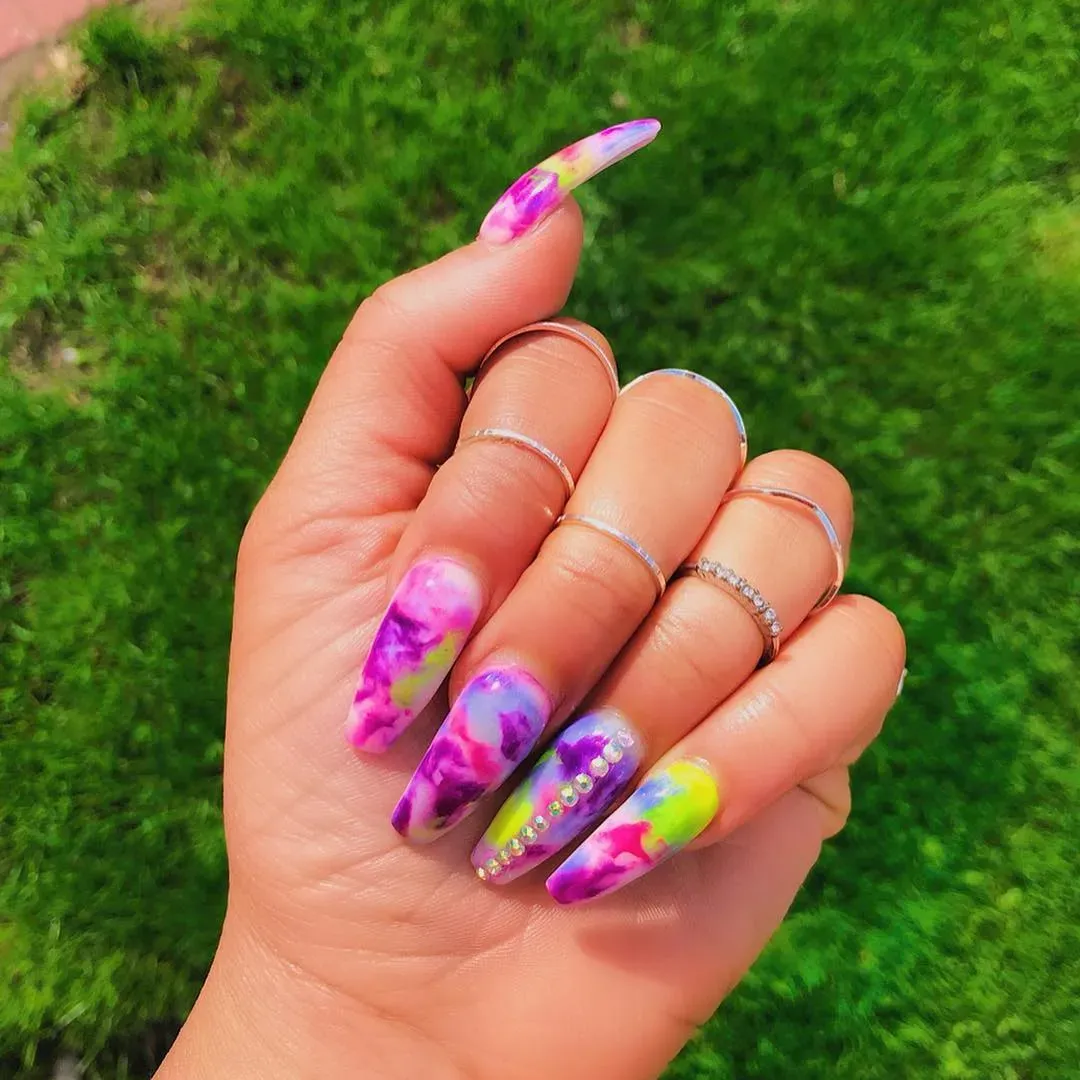 Neon Marble Art Almond Nails