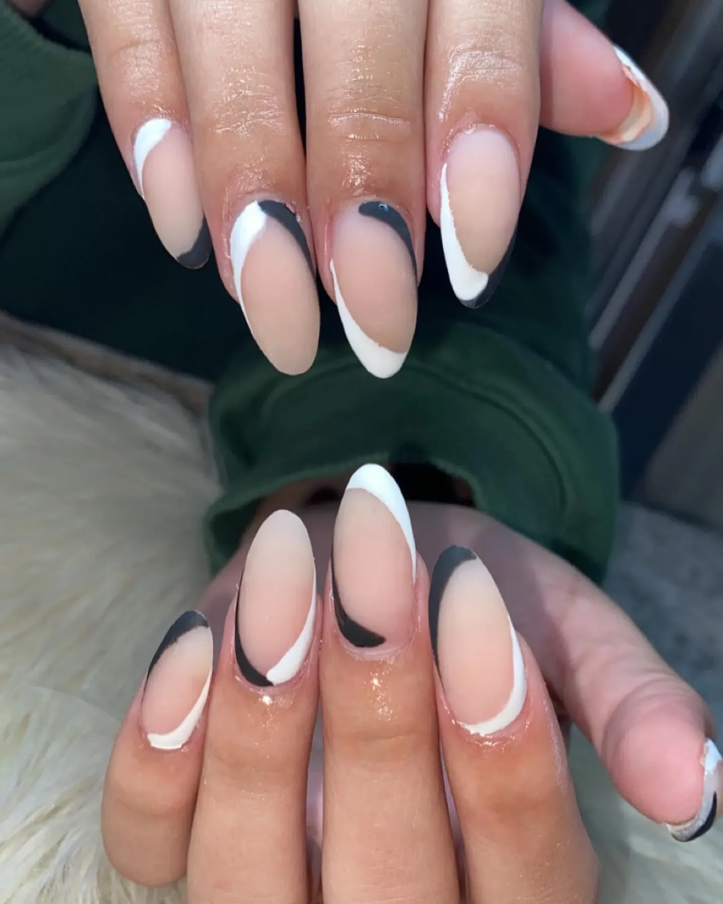 Nude Almond with Black and White Swoosh French Tips Nails