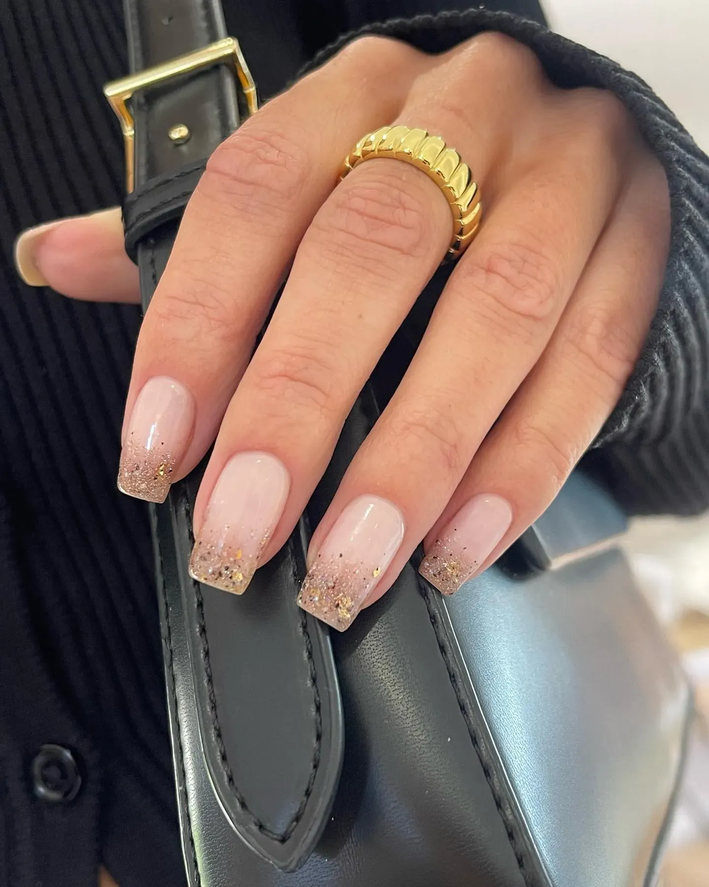 Nude Short Square with Glitter Tips Nails