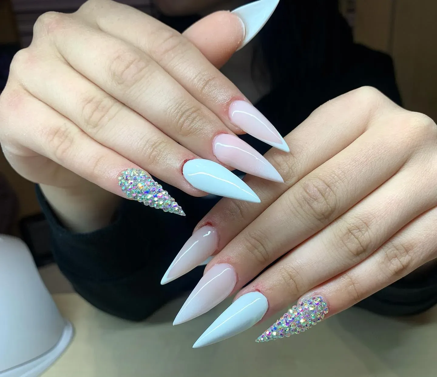 Pastel Blue and Pink Stiletto with Glitter Nails