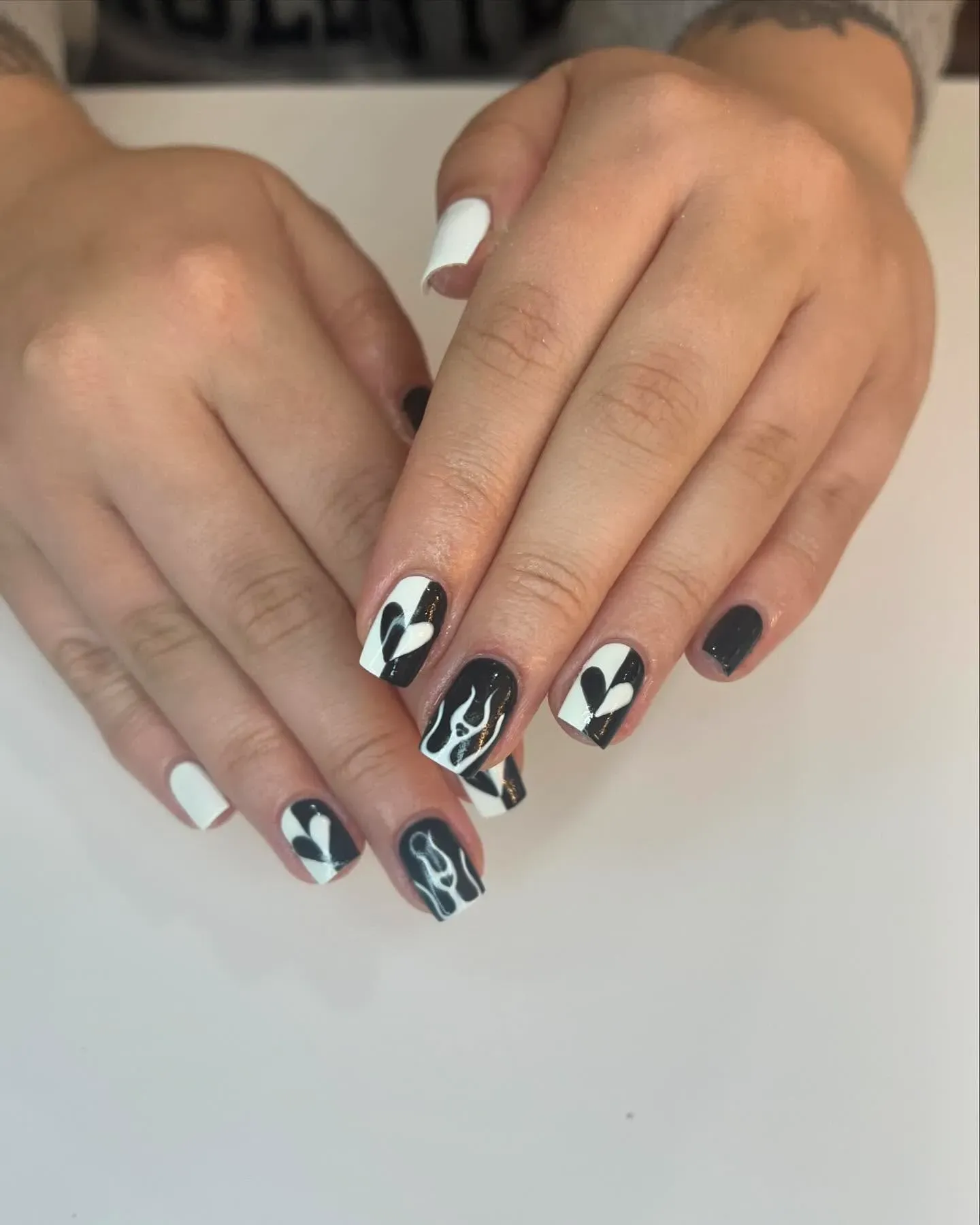 Black and White Abstract Short Square Nails