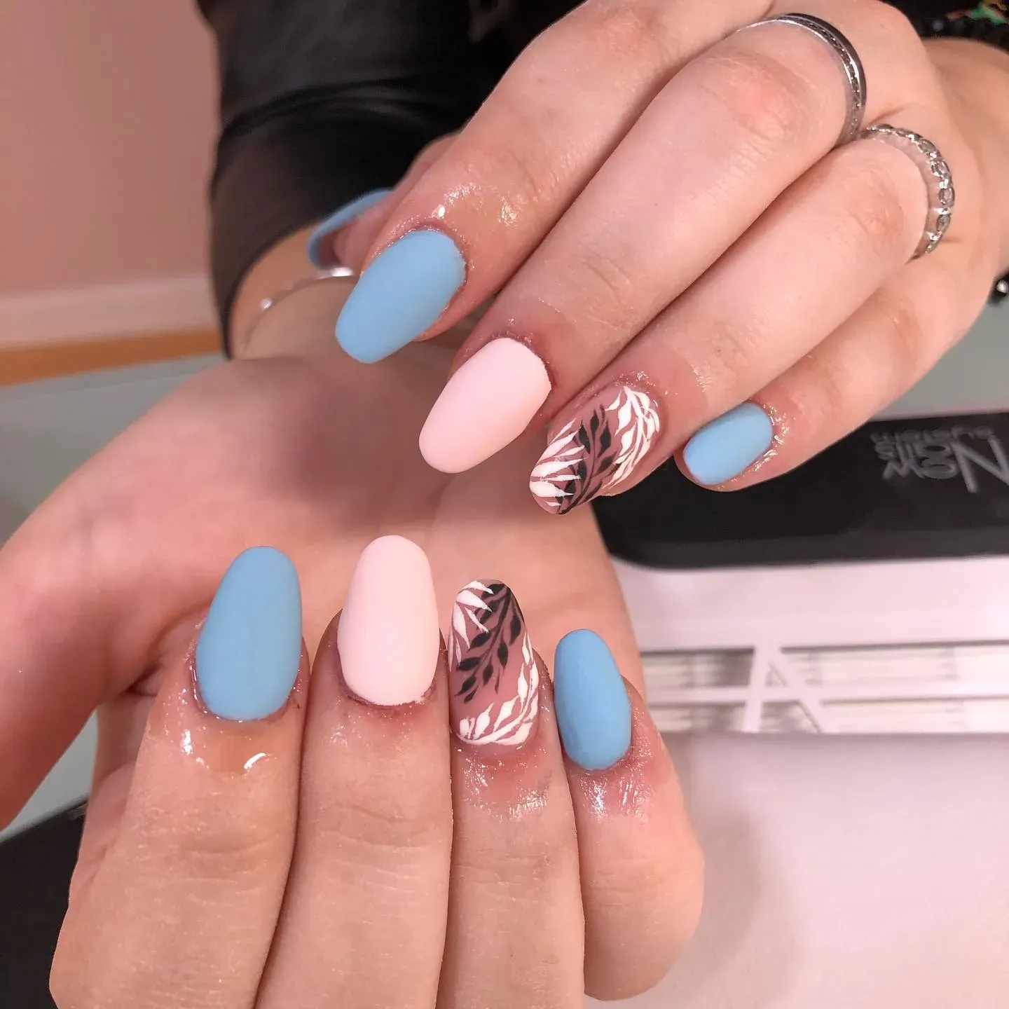 Pastel Blue and Pink Matte Short Almond Nails